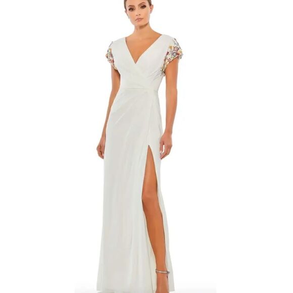 Mac Duggal 55709 Womens White Embellished Sleeve Jersey Wrap Gown - Picture 2 of 16